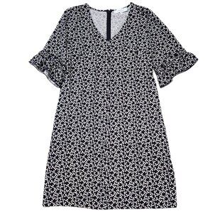 NEW Lark & Ro Dark Navy Ivory Mini Leaf V Neck Short Sleeve Dress Size 10